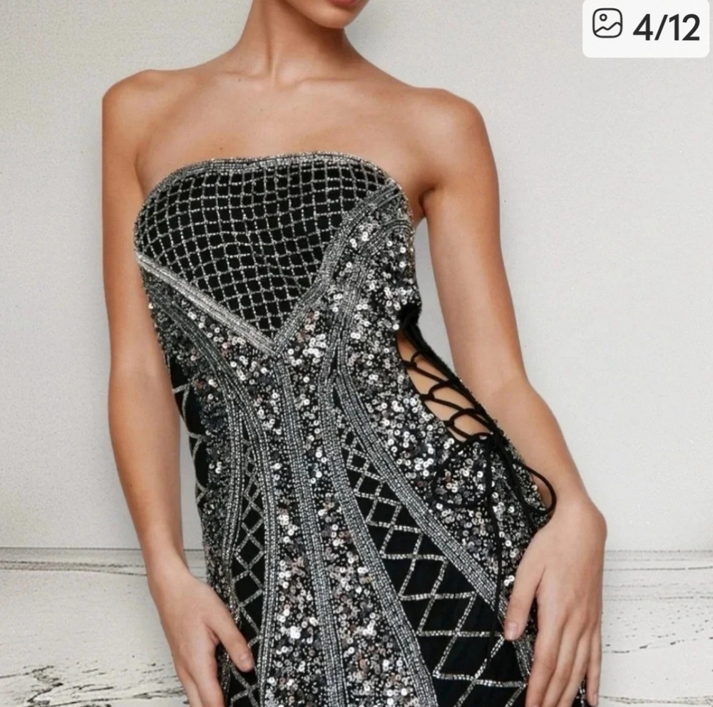 Nasty Gal Sequin Bandeau Black and Silver Strapless Dress US 12 UK 16